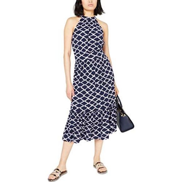 Michael Michael Kors Womens Printed Jacquard Maxi Dress Navy S - Picture 1 of 1